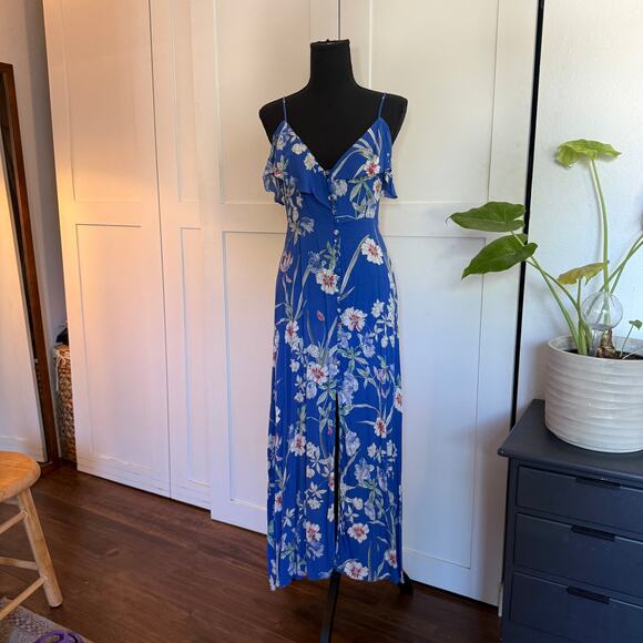 Zara Blue Floral Spaghetti Strap Button Front Ruffle Detail Maxi Dress - s - Picture 7 of 12
